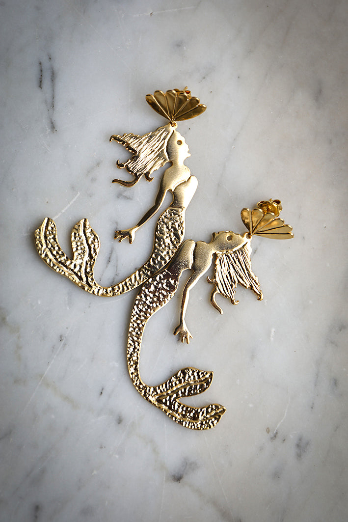 Large Gold Plated Silver Mermaid Earrings