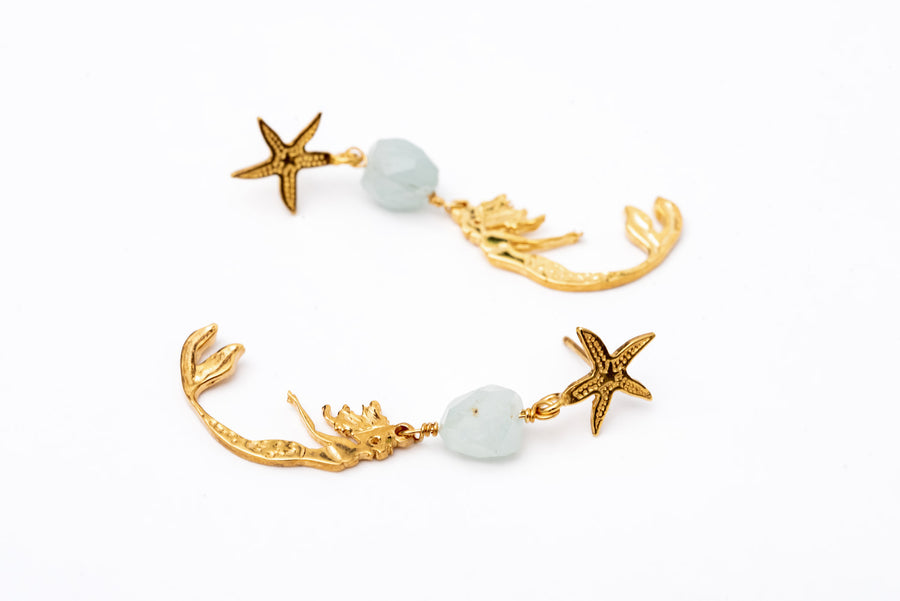 Gold Plated Silver Mermaid Earrings with Aquamarine                                