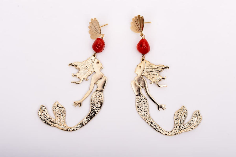 Large Gold Plated Silver Mermaid Earrings with Coral