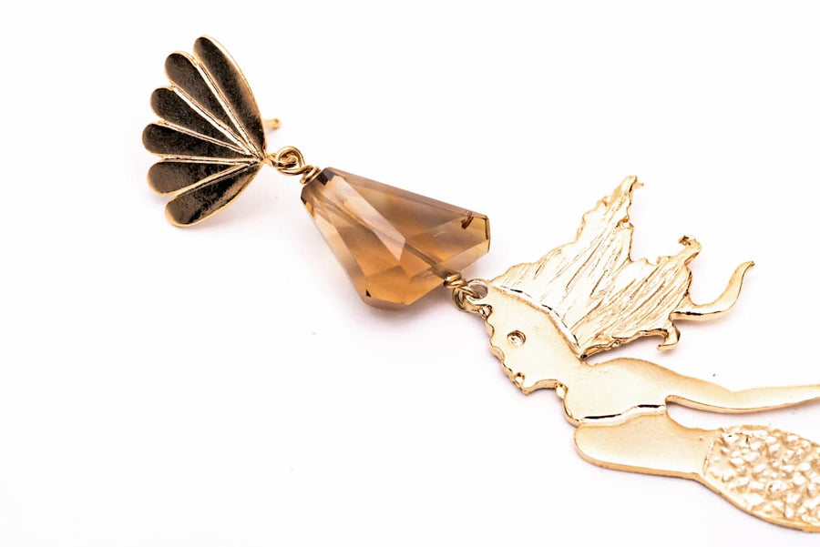 Large Gold Plated Silver Mermaid Earrings with Quartz
