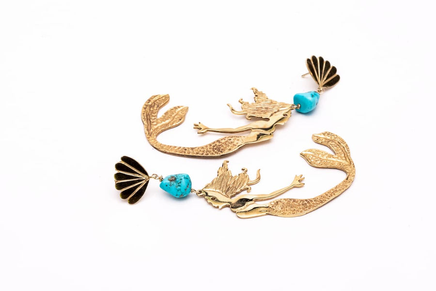 Large Gold Plated Silver Mermaid Earrings with Turquoise